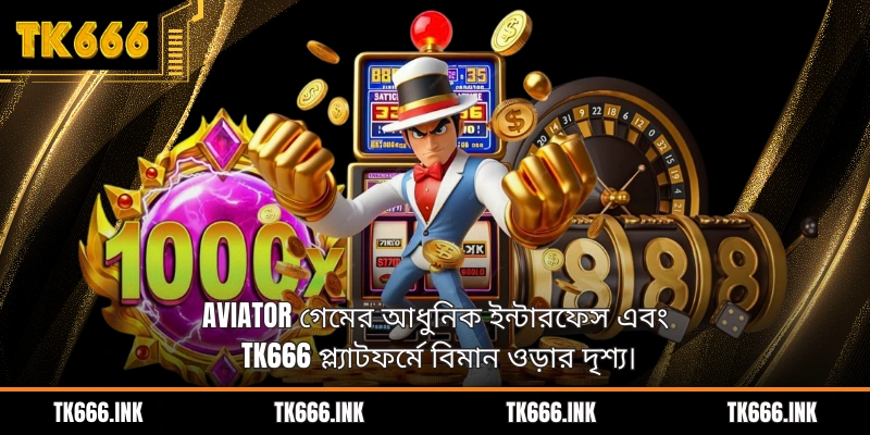 Aviator গেমের আধুনিক ইন্টারফেস এবং TK666 প্ল্যাটফর্মে বিমান ওড়ার দৃশ্য।