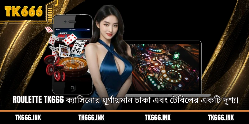 Roulette TK666 ক্যাসিনোর ঘূর্ণায়মান চাকা এবং টেবিলের একটি দৃশ্য।