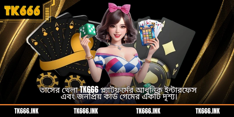তাসের খেলা TK666 প্ল্যাটফর্মের আধুনিক ইন্টারফেস এবং জনপ্রিয় কার্ড গেমের একটি দৃশ্য।